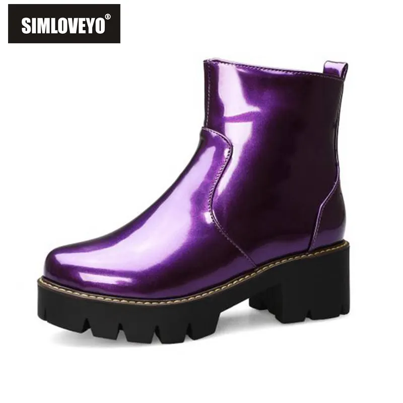 

SIMLOVEYO 2019 Winter Ankle boots for women Round toe Platform Block Heel Zipper Patent leather Zipper Purpple Yellow Size 34-43