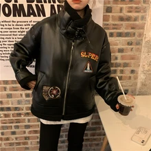 Tide Street Winter Warm Soft PU Leather Parka Women Fashion Chic Motorcycle Style Embroidery Jacket Mujer Stand Collar Coats