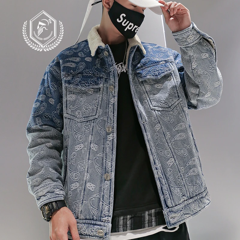 Golomise Men Fashion Loose Embroidery Fleece Heavyweight Denim Jacket Casual Pockets Hip Hop Parkas Coat | Мужская одежда