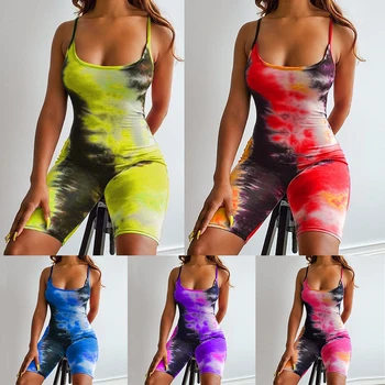 

Jumpsuit Women Summer 2020 Romper Biker Shorts Sexy Bodysuit Playsuit Tie-Dye Print Sleeveless Rompers