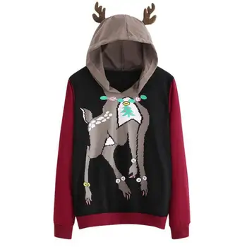 

Cartoon Elk Hoodies Xmas Christmas Casual Women Long Sleeve Pullover Hooded Sweatshirt Female Ladies Loose Splicing Jumper Tops