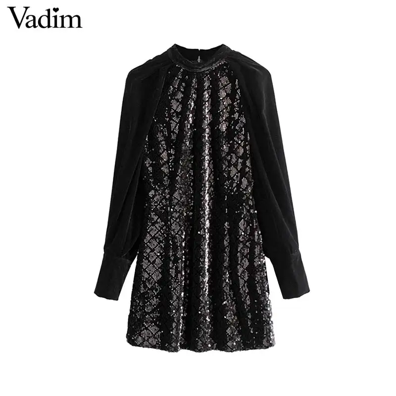 

Vadim women fashion velvet mini dress sequin patchwork long sleeve back zipper party club sexy casual dresses vestidos QD016