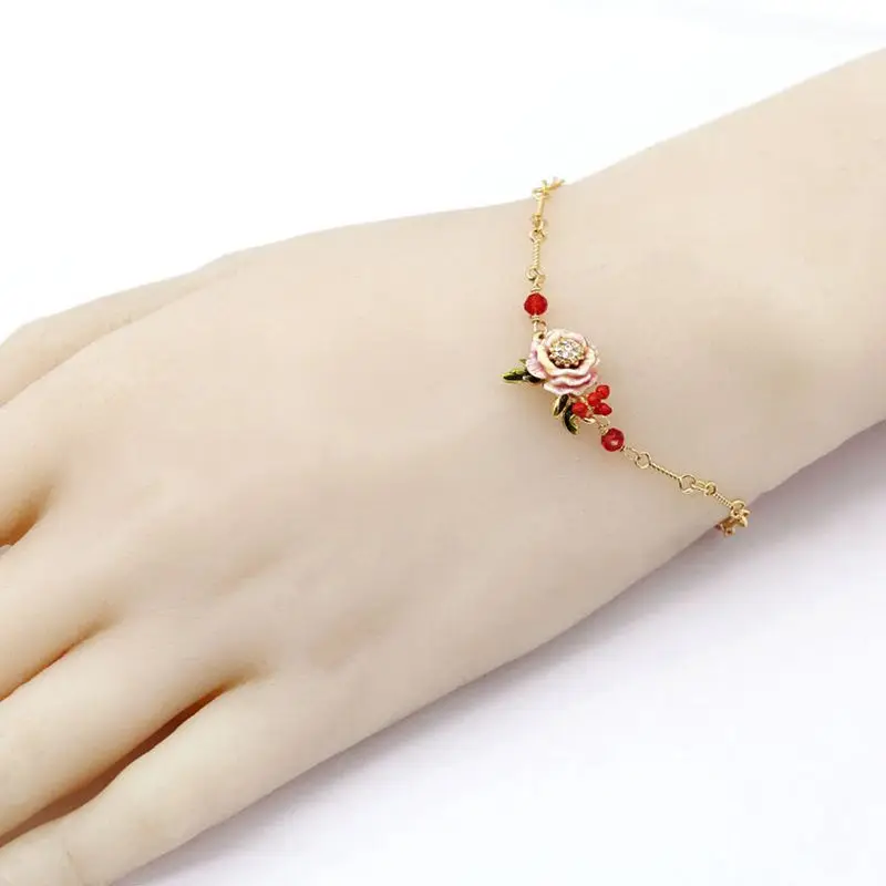 

Delicate Pink Rose Flower Fruit Women Bracelet Bridesmaid Gift Hand Painted Enamel Gold Color Chain Bracelets with Lobster SL022