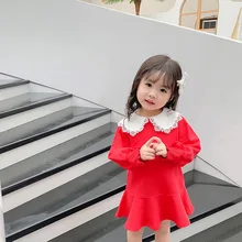 Г. Новое поступление, Осеннее хлопковое платье принцессы в Корейском стиле с длинными рукавами и кружевным воротником для милых маленьких девочек