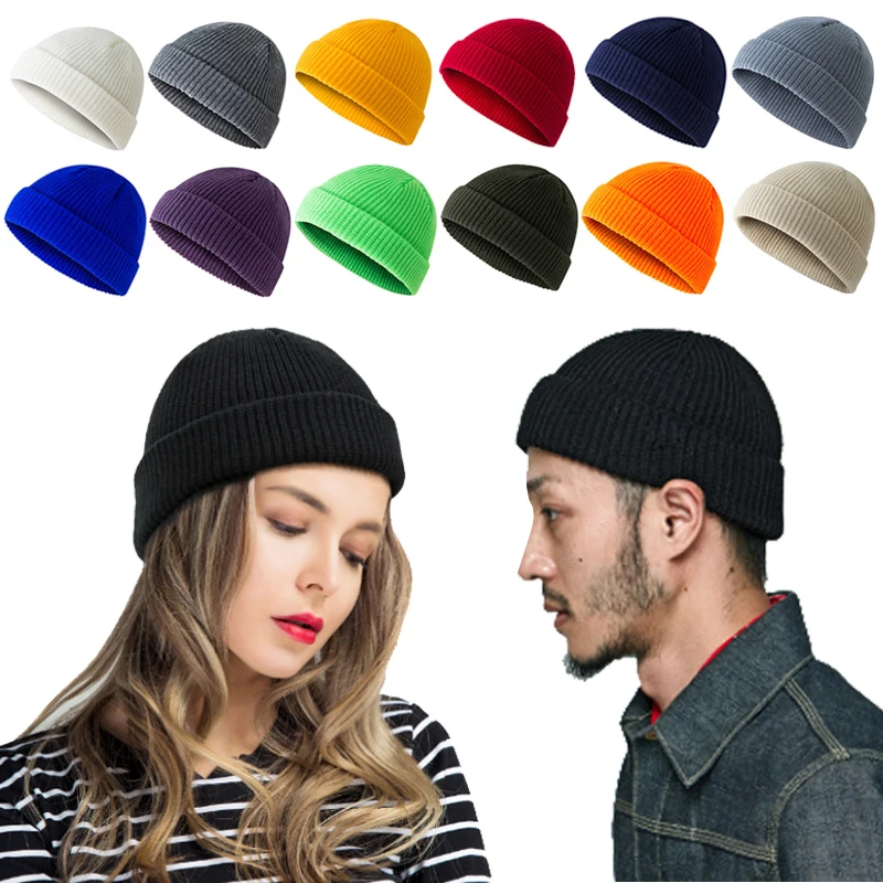 

Unisex knitted Melon Caps Winter Ribbed Knitted Cuffed Short Cap Solid Color Skullcap Baggy Ski Fisherman Docker Beanie Hats