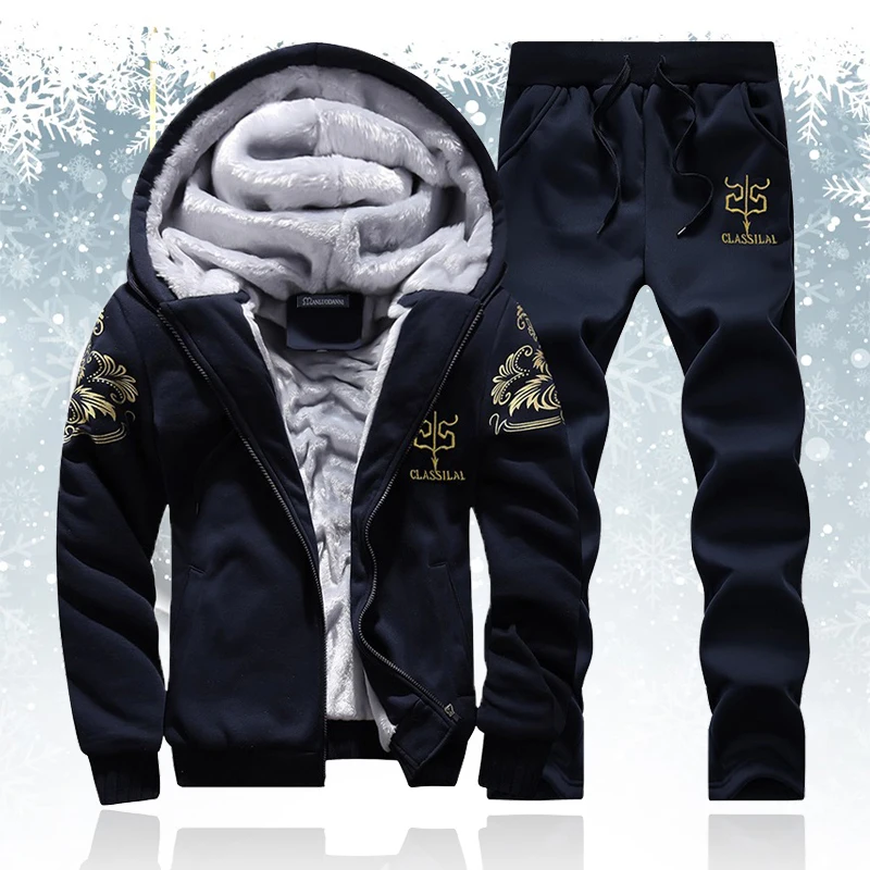Tracksuit-Set Sportswear Mens Pants Hoodies Cardigan Zipper Winter Fashion Men Thick