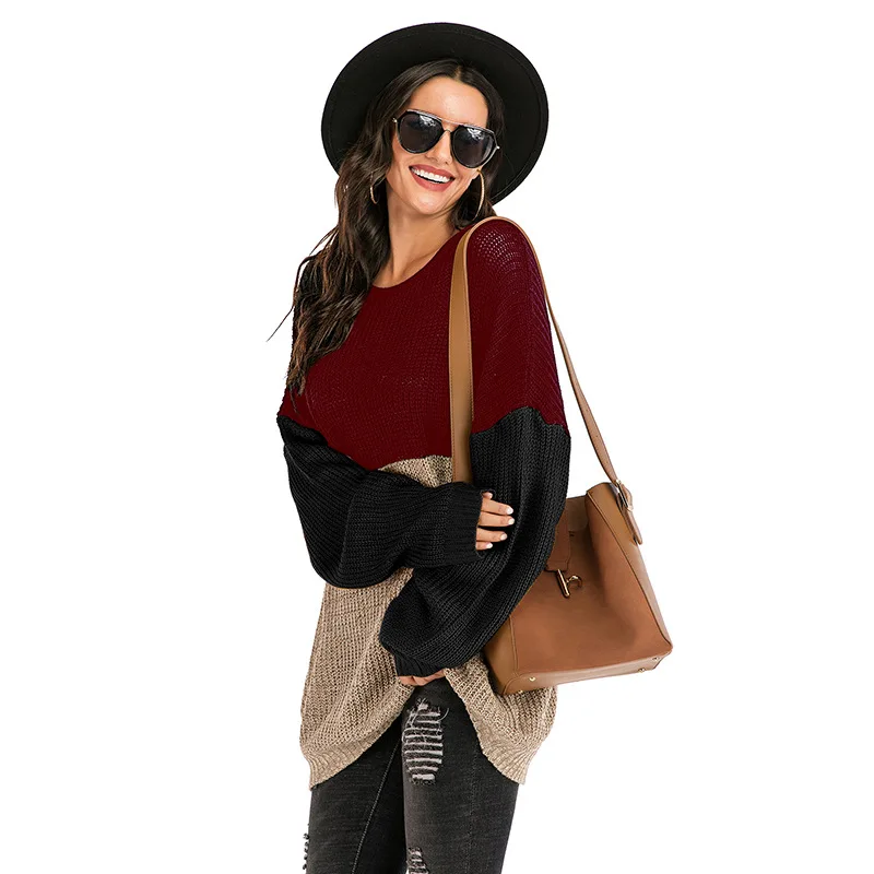 2020 Spring Europe and the United States new knitted sweater slicing color loose long-sleeved top sweater woman  sueter mujer