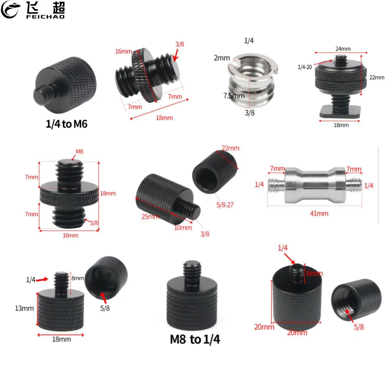 Adaptador de montaje de tornillo de rosca macho a hembra, soporte de micrófono, placa de trípode SLR, accesorios de cámara, M8, M6, 1/4, 3/8 y 5/8 pulgadas