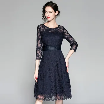 

2020 Autumn Middle Skirt Lace Socialite Mesh Embroidery Seven Points Sleeve Women's Wear Dress Zi