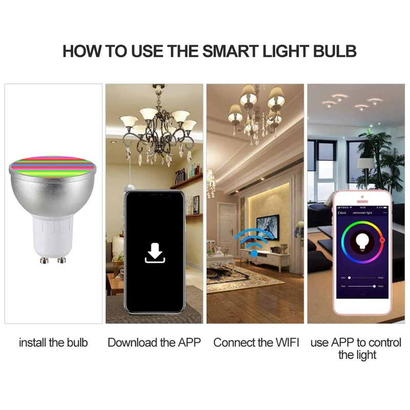 Ac85-265V 4Pack 6W Rgbw Wifi Connected Intelligent Light Bulb Gu10 Base Socket Holder For Android/ Ios System Scenes Setting For
