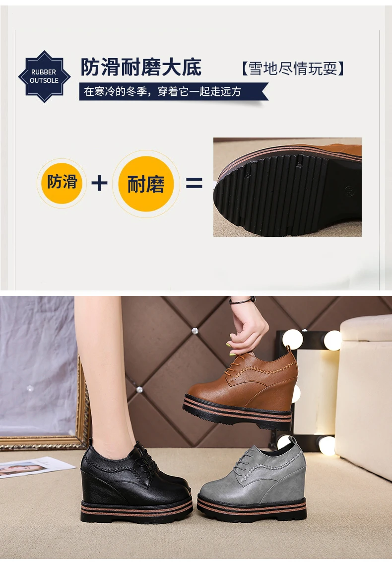 Bootee/ г. Женские ботинки до середины икры кожаные ботинки на шнуровке Женская Базовая обувь с круглым носком на танкетке черного цвета в стиле Лолиты на высоком каблуке