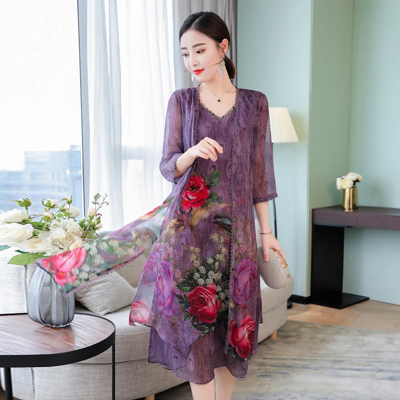 

Hot Sale Two-Piece Fashion Print Dresses Summer Women Plus Size Thin Purple Elegant Dresses V-Neck Diamonds Female Dress LJ2263