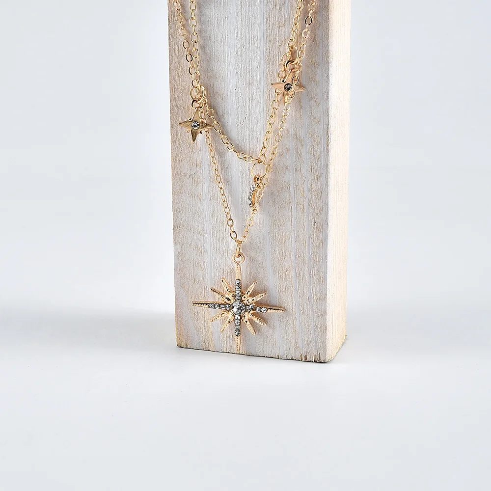 New 2020 Fashion Gold Crystal Sun Moon Star Pendant Necklaces For Women Necklace Multi Level Female Boho Vintage Jewelry Gift