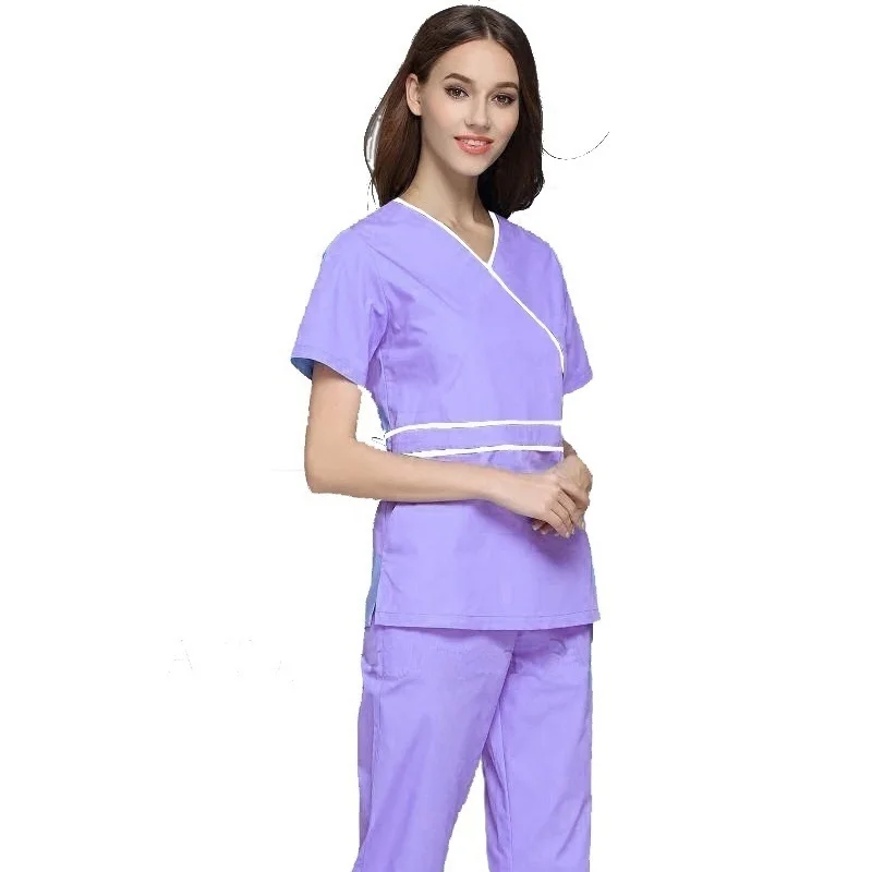 Women's Fashion Scrub Set Mock Wrap Top with Back Tie + Elastic Waistline Pants