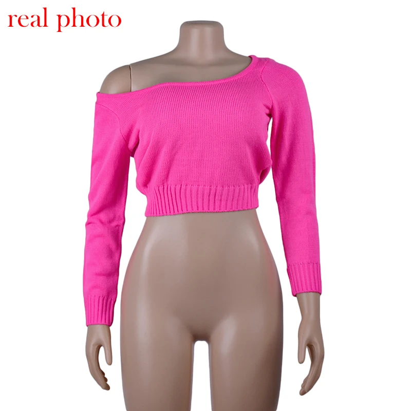 2020 Autumn Winter Pullover Sweaters Long Sleeve Solid Sexy Crop Tops Fashion Slash Neck Knitted Sweaters Female JKP3732