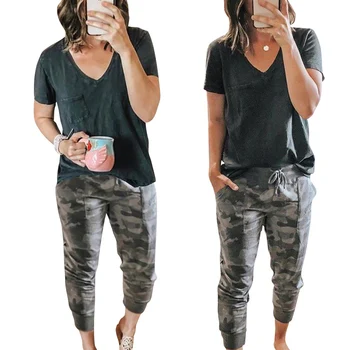 

Two Piece Ladies Clothes Set Casual Camouflage Printed Women Outfits Clothing Set T-Shirt + Cargo Pants Female Clothes D30