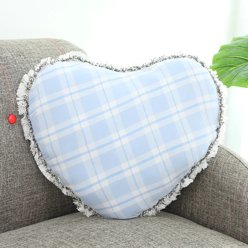 bule plaid Подушка в форме сердца красочная клетчатая и нежная кисточка - Цвет: bule plaid