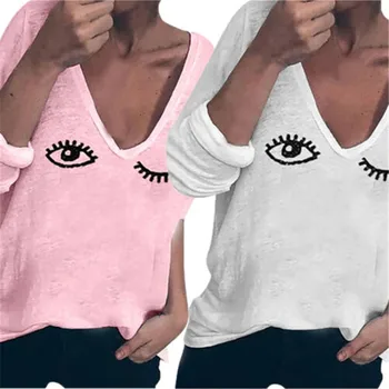 

Eyelashes Cartoon Eyes Cute Print T-shirts Summer Women's Long-sleeved T-shirt Casual Large Size Korean Harajuku T-shirt Female