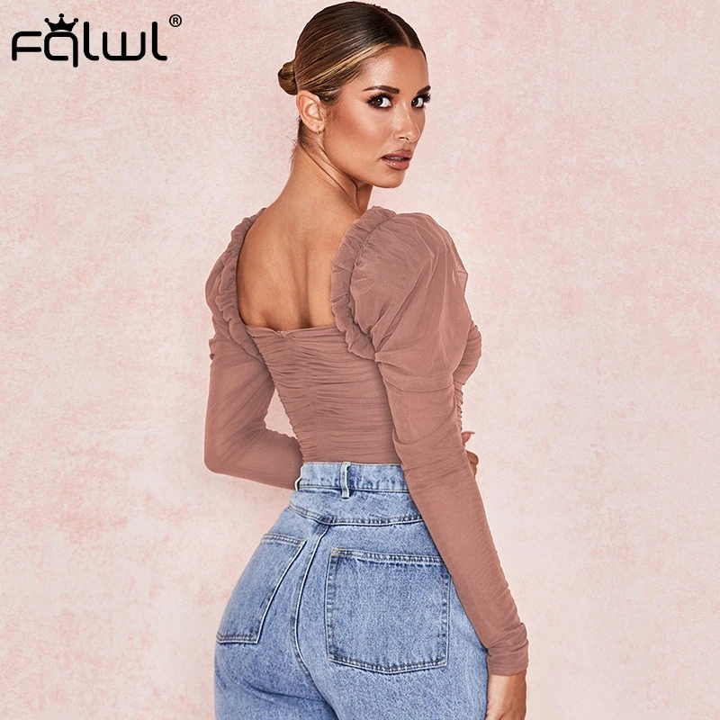 FQLWL Transparent Ruffles Mesh Bodysuit Women Top Pleated Long Sleeve Backless Sexy Bodycon Bodysuit Female Ladies Jumpsuit