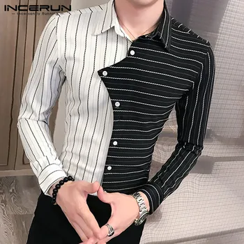 

INCERUN Autumn Casual Men Stripe Patchwork Long Sleeve Dress Shirt Lapel Fashion Joker Button Slim Fitness Mens Formal Blouse