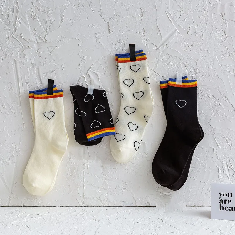 

New Autumn/Winter 2020 Black White Love Heart Female Middle Stockings Personality Joker Creative Leisure Contracted Cotton Socks