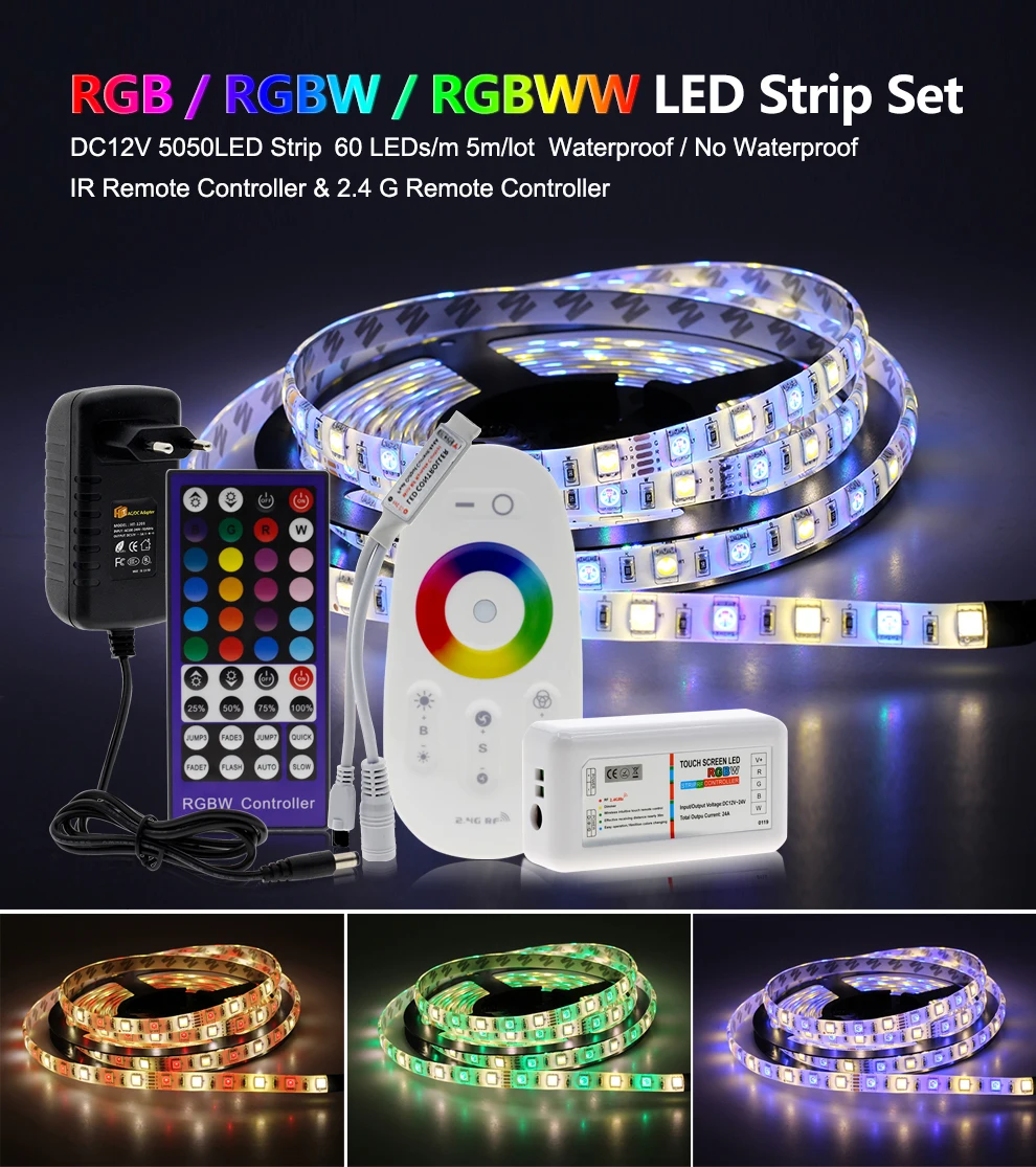 

5M 300LEDs RGB Color Changeable 5050 LED Strip RGB / RGBW / RGBWW Flexible LED Light + Remote Controller + 12V 3A Power Adapter