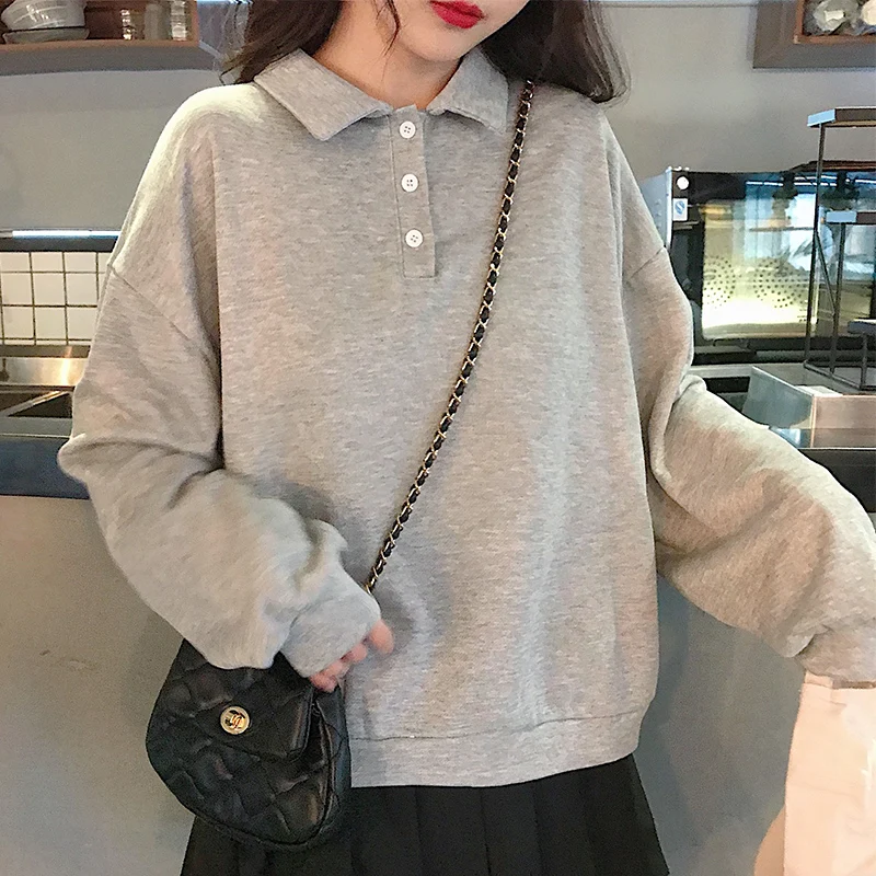 Najtaniej MinuoYi 2019 jesienne zimowe bluzy koreański stałe Polo kobiety koszula przyciski luźne w stylu boyfriend bluza damska swetry