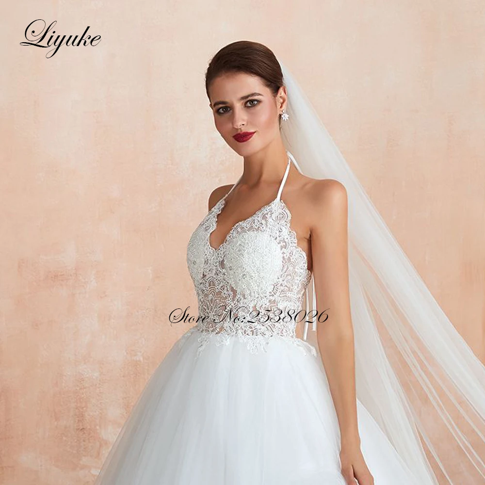 Liyuke Halter Neckline Of Princess A Line Wedding Dress Backless Sexy Puffy Bride Dress
