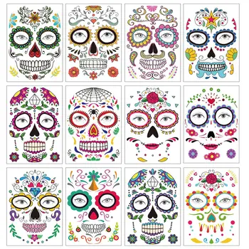 

12 Sheets Halloween Temporary Face Tattoos Floral The Dead Sugar Skull Face Tattoo Kit Halloween Tattoos Halloween Decoration