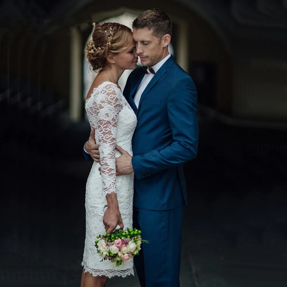 

2019 французское кружевное короткое свадебное платье с рукавами глубоким декольте V-образным вырезом на спине Свадебные Платья До Колена