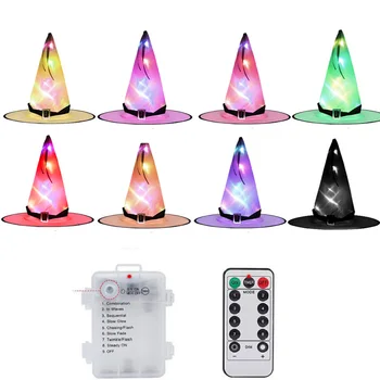 

8Pcs New Round bottom Witch Hat Light Belt Hanging Halloween Decor Adult Kids Luminous Witch Hat Suit with Battery Box