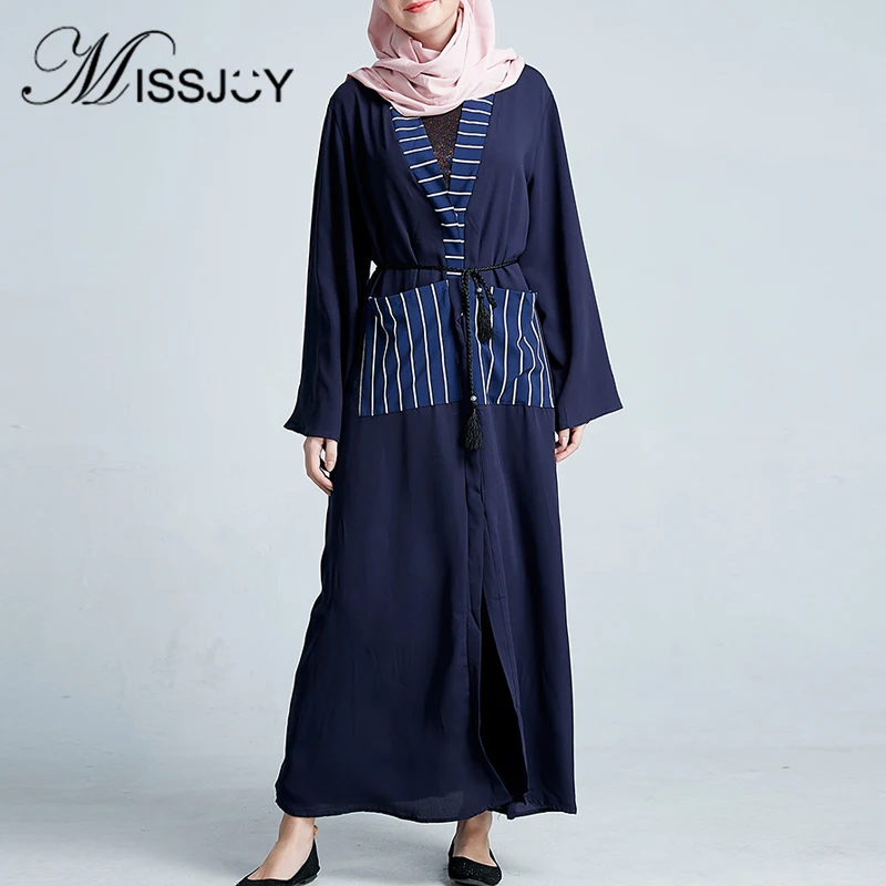 

Muslim Turkish Women Dress Casual Striped Pocket Patchwork Cardigan 2019 Abaya Middle Eastern Long Female Robe Elegant