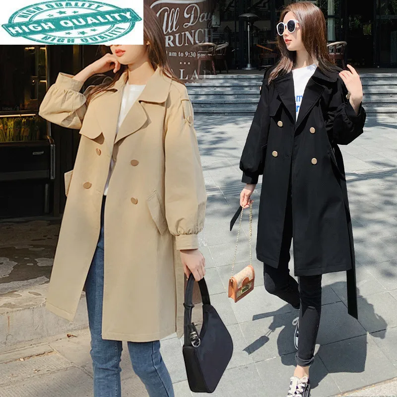 Gabardina larga negra para Mujer, Abrigo elegante, moda coreana, Otoño,  KJ5112 - AliExpress