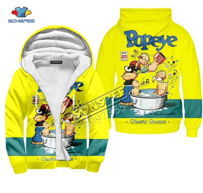 Popeye, Спортивная толстовка с капюшоном, на молнии, кепка, худи для мужчин и женщин, Harajuku, с 3D принтом, мягкая, удобная, сохраняющая тепло, зимняя куртка в стиле хип-хоп