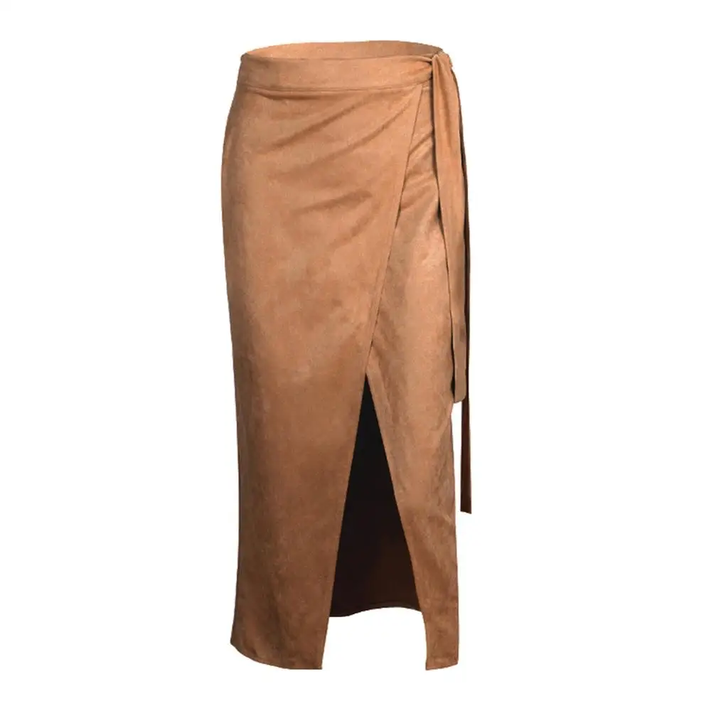 Модные женские зимние осенние плотные однотонные разрез до талии длинная юбка с запахом - Цвет: Brown L