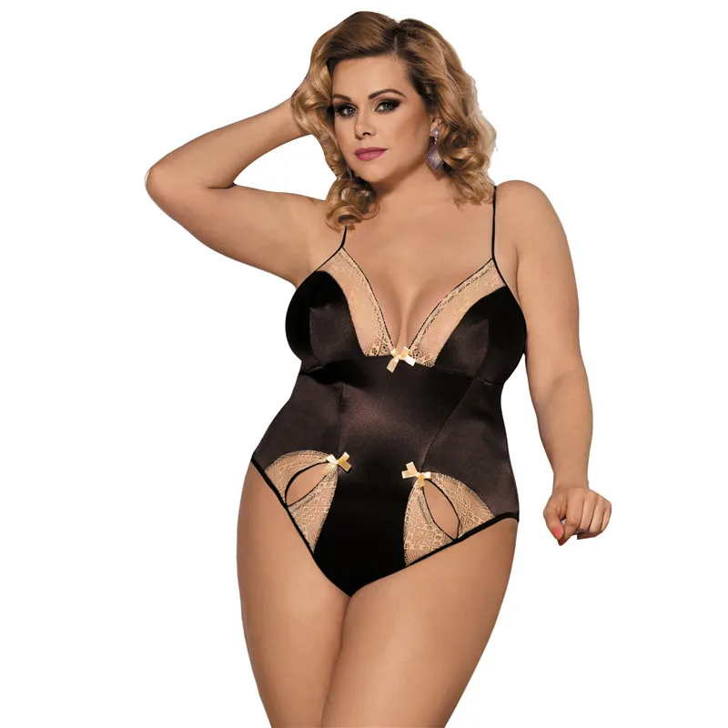 Comeondear коричневый сатиновый костюм для женщин 3XL 5XL размера плюс сексуальный наряд женский эротический боди Mujer Золотой обтягивающий комбинезон комбинезоны RB80353 - Цвет: Brown Lingerie suit