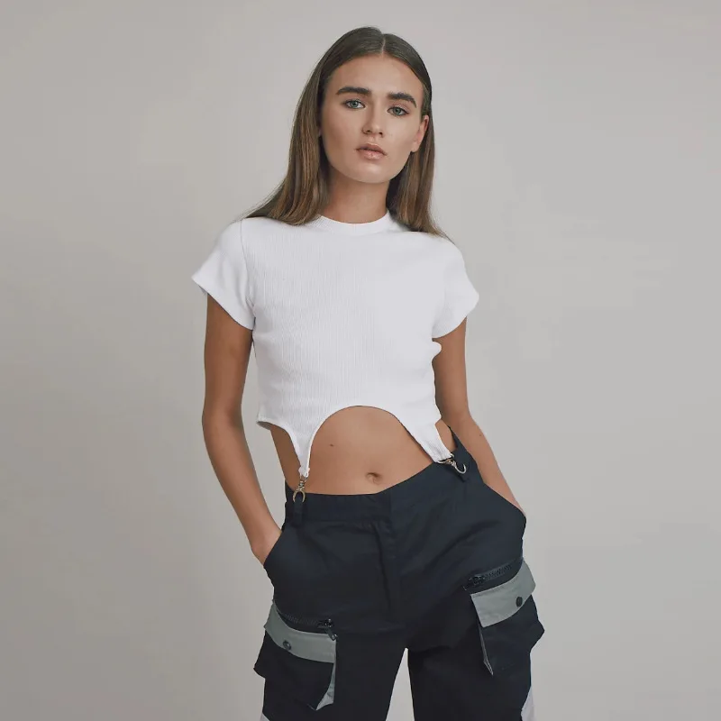 2020 Spring and Summer New Women's Solid Color round Neck Short Sleeve Casual All-match Navel Top T-shirt | Женская одежда