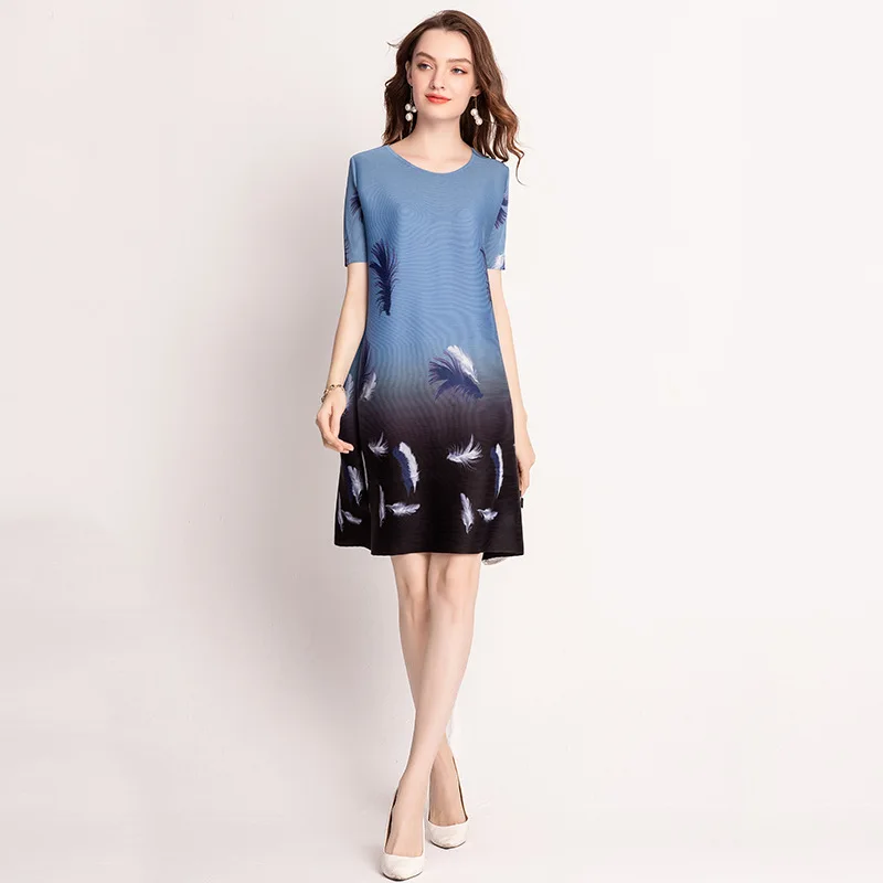 Digital feather dress summer fashion women's pleated elastic dress MIYAKE pleats please dress free shipping