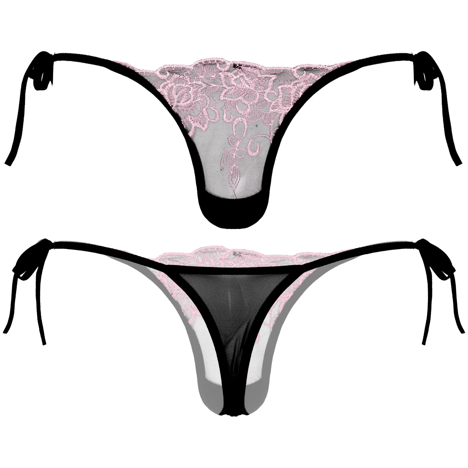 Men's Panties See-through Mesh Thongs Low Waist Lace-up G-string Sissy Briefs Underpants T-back Gay Underwear Embroidered Thongs