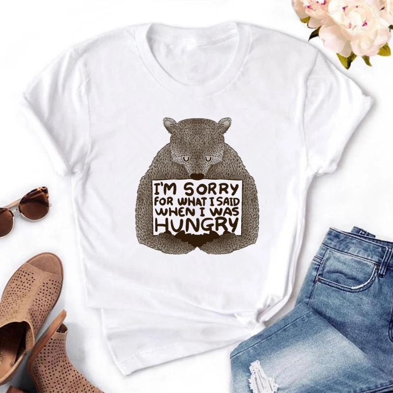 I'M SORRY FOR WHAT I SAID WHEN WAS HUNGRY Funny Bear Print Women t shirt Short sleeve O-Neck Tee tops Fashion White clothing | Женская