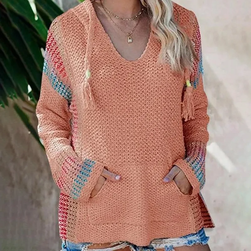 

7 Style Choose Autumn Winter Warm Sweater Striped Matching Hooded Fashion Casual Long Sleeve V Neck Knitted Tops