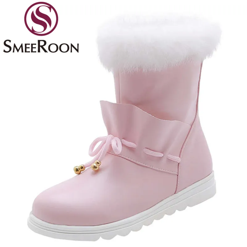 

Smeeroon 2020 New sweet girls ankle boots fur knee warm snow boots pink black round toe winter boots women shoes