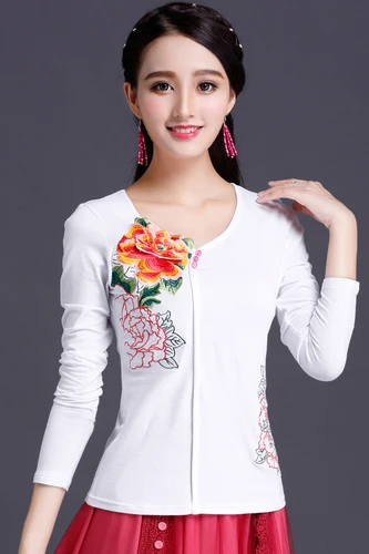 white long sleeve Женская летняя футболка в китайском стиле, футболка с вышивкой, топы, футболки, винтажная женская одежда размера плюс 5XL с круглым вырезом, Офисная Женская одежда - Цвет: white long sleeve