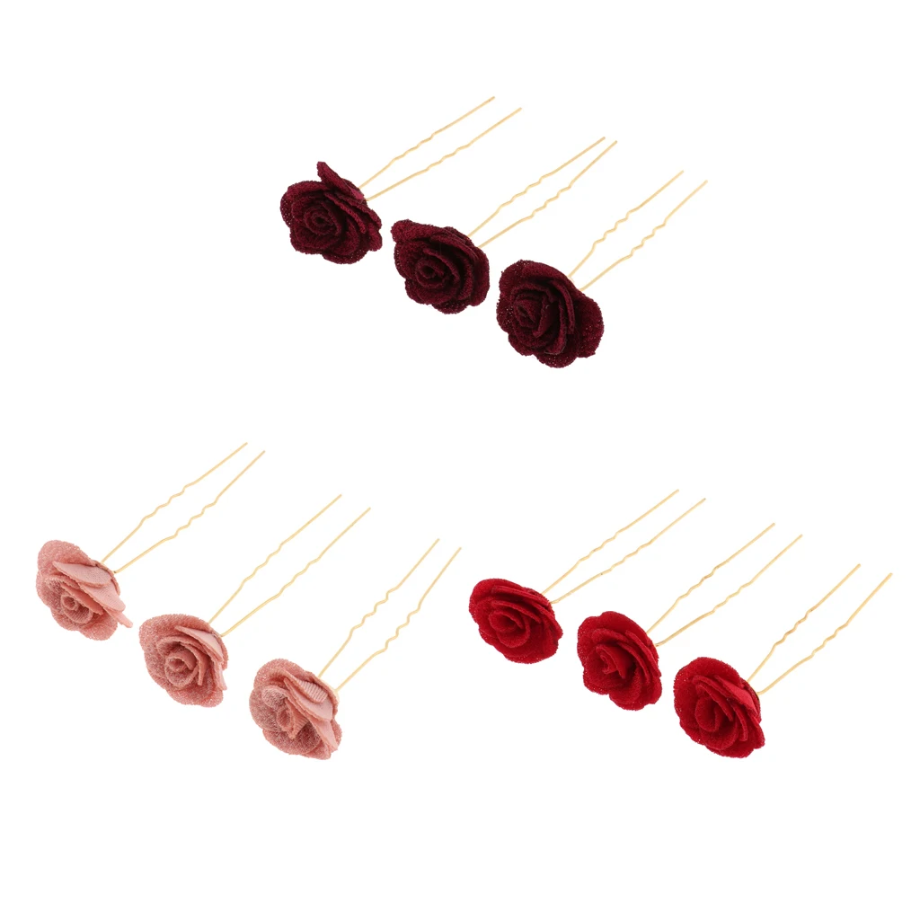 3pcs Hairpins with Rose Flower Hair Accessories Headdress Jewelry Wedding Decoration