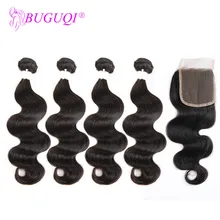 BUGUQI человеческие волосы, пряди с закрытием, объемная волна, перуанские волосы, вплетаемые, 4 пряди, с закрытием, швейцарское кружево, не Реми, волосы для наращивания