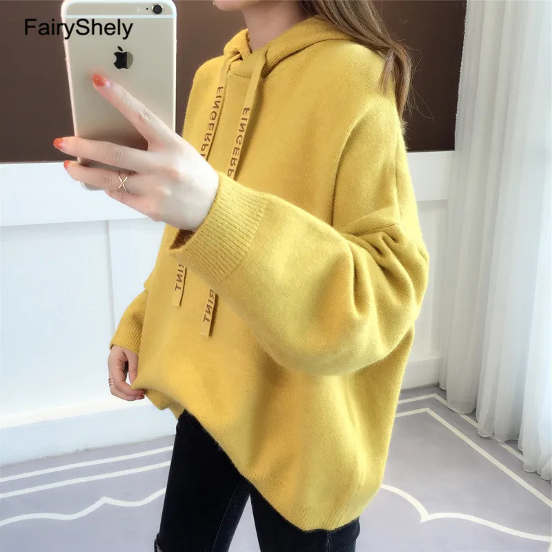 Yellow Sweater Повседневный кашемировый свитер с капюшоном для женщин, зимний теплый джемпер для девочек, свободный толстый свитер, вязаный пуловер, топ Pull Hiver Femme - Цвет: Yellow Sweater