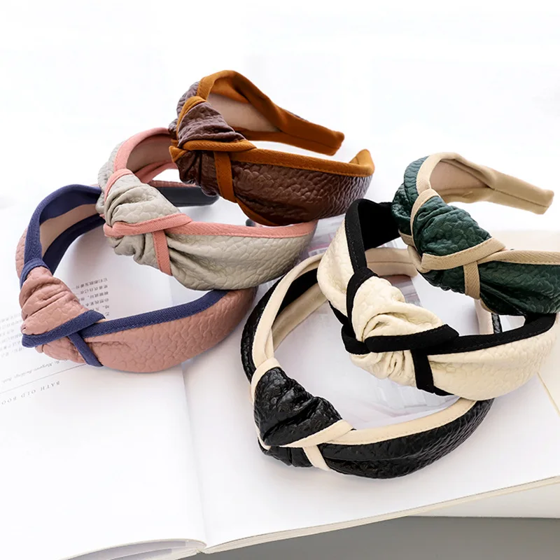 

CN Fashion Knot Hairbands PU Ornament Headbands Wide Side Handmade For Girls Women Cross Knotted Hair Band Hoop Hair Accessories