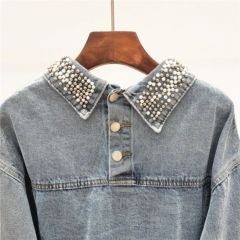 Весенне-осенняя джинсовая куртка с бусинами и жемчужным воротником, женские джинсовые куртки, пальто