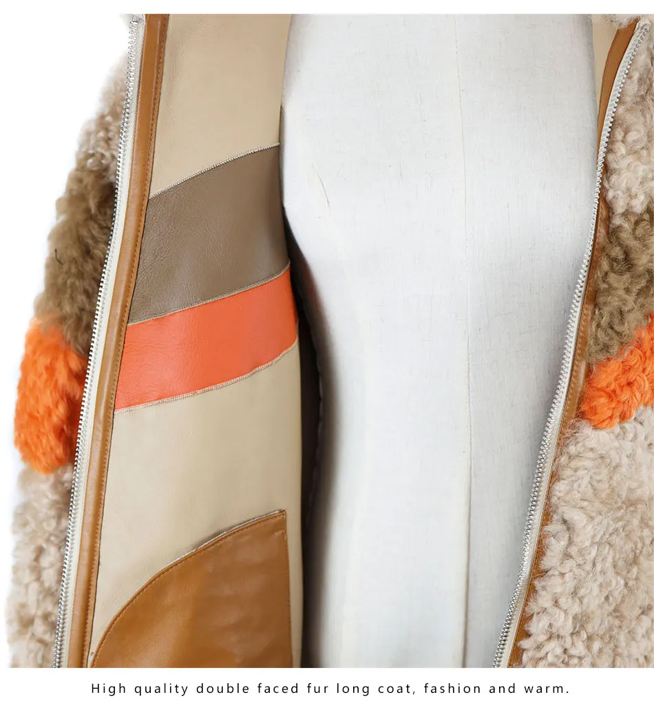 long puffer jacket Woman Real Leather Fur Long Zipper Hood Jacket Genuine Sheepskin Fur Stripe Glengarry Double Faced Fur Warm Coat Shearling Overc warmest winter coats for women
