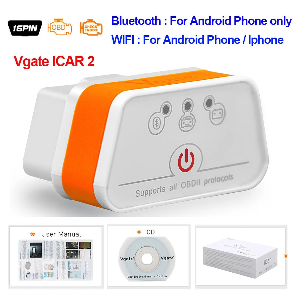 car battery charger Vgate iCar2 obd2 bluetooth scanner ELM327 V2.2 obd 2 wifi icar 2 car tools elm 327 for android/PC/IOS code reader free shipping auto inspection equipment Code Readers & Scanning Tools